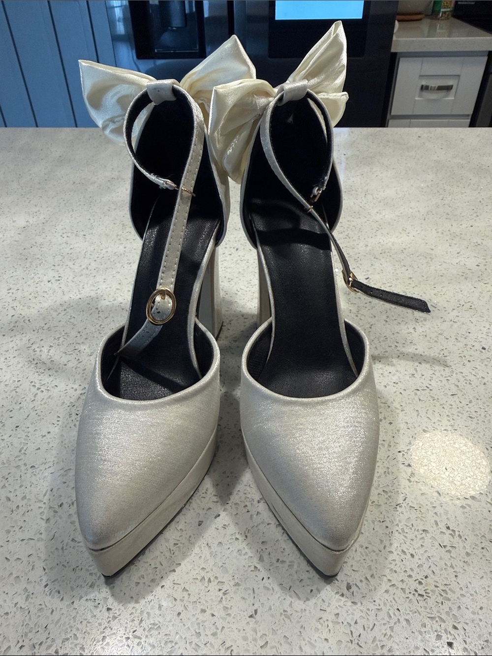 Elegant Satin Pointed-Toe Ankle-Strap Heels with Bow - Ivory